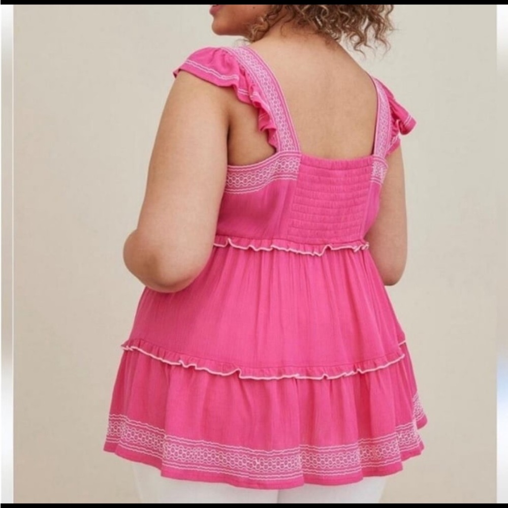 Torrid Babydoll Crinkle Gauze Embroidered Tiered Top - Barbie pink - Picture 3 of 7